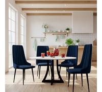 Dining Table Set 4 Chairs 100Cm Fixed Top Wooden Legs White Black Dark Blue