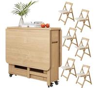 Dining Table Set, Extendable Folding Solid Wood Table with Chairs, Space-Saving Design for Dining Room, 4 Seater