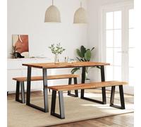 Dining Table Set Live Edge Acacia Wood 140x80cm + 2 Benches 140x35cm Black Oiled
