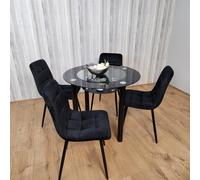 KOSY KOALA Round Black Glass Dining Table Set with 4 Black Velvet Chairs Modern Dining Room Furniture KOSY KOALA Black