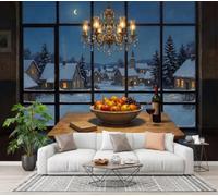 Dining Table Snow-Covered Town Wallpaper for Living Room Bedrom Decor | European Winter Countryside Wall Mural, Deep Blue Wall Art, Silk Photo Wallpaper Waterproof for Sofa Background Decor 300x210cm