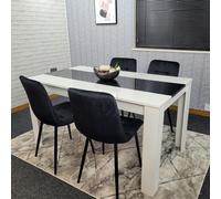 Dining Table White Black & 4 Black Velvet Tufted Chairs , Wooden Table
