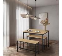 Dining Table with 2 Benches, Set of 3, Kitchen Table, Golden Oak + Ink Black