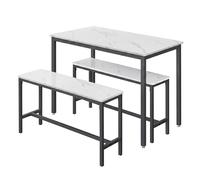 Dining Table with 2 Benches, Set of 3, Kitchen Table, Marble White + Ink Black
