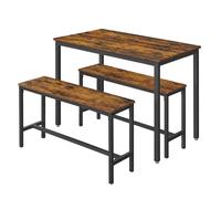 Dining Table with 2 Benches, Set of 3, Kitchen Table, Rustic Brown + Black