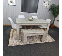 Kosy Koala Dining Table And 4 Chairs With Bench Stone Grey Effect Wood Table 4 White Plastic Leather Chairs Dining Room, Multi