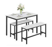 Dining Table with Benches, Marble White + Ink Black