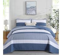 Dinjoy Boho Queen Quilt Set, Striped Bedspread Coverlet Bed Mineral Blue Bedding Sets 3 Pieces Micofiber Lightweight Quilts Sets with 2 Pillow Shams for All Season 96''x90