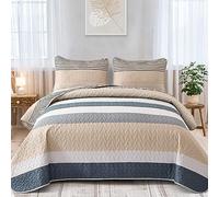 Dinjoy Boho Quilt King, Striped Khaki Bedspreads Lightweight Quilts Bedding Set 3 Pieces Reversible Bed Cover Micofiber Farmhouse Coverlet with 2 Pillowcases for Fall Winter