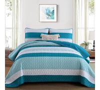 Dinjoy Boho Quilt Set California King Size,Teal Bedspread Bedding Set Striped Soft Lightweight Blue Quilts 3 Piece Oversized Bedspreads Farmhouse Bed Sets (Cal King,112"x96")