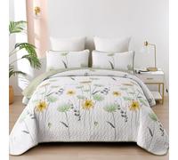 Dinjoy Floral Quilt Set Queen,Green Yellow Bedspread Queen Size 3 Pieces Sage Green Bedding Set Summer Fall Quilts Soft Flower Bedspreads White Coverlet Sets for All Season