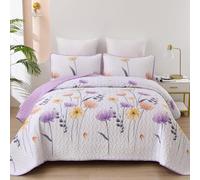 Dinjoy Floral Quilt Set Queen Size,Purple Bedspread Coverlet Botanical 3 Pieces Cute Fall Quilts Microfiber Lightweight Farmhouse Bedspreads Comforter Soft Bed Cover Sets for All Season(96"x90")