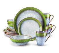Dinner Set 16/32/48-Piece Dinner Set,Red Green Kiln Change Glaze Tableware Service with Plate,Dessert,Bowl,Mug(16-PCS Mix)