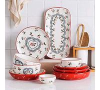 Dinner Set,36 Pieces Ceramic Dinner Set Porcelain Cherry Pattern Bowls Dinner Plate Spoon Service for 8 People
