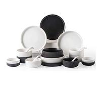 Dinner Set,Ceramics Dinner Sets, 22 Pieces Black and White Relief Vertical Stripes Dinnerware - Bowl/Dish/Spoon Matte Glazed Porcelain Dinner Plates Combination Set for Restaurant