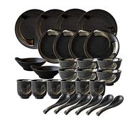 Dinner Set,Ceramics Dinnerware Set, Japanese Style Retro 28 Pieces Porcelain Dinner Set/Black Gold Circle Plates and Bowls Sets for Restaurant & Microwave Safe