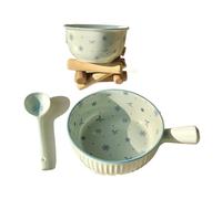 Dinner Set Early Snow Milk Blue Healing Ceramic Bowl Plate, Underglaze Color Girl Heart Tableware Set(A 3PCS)