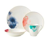 Dinner Set for 1, Premium Quality Fine China Dinnerware, Water Colour 4 Piece Tableware Comes with Dinner Plates Side Plates and Pasta Bowls with Gold Banding (Dinner Set for 1)