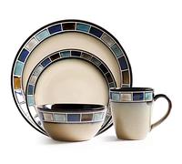 Dinner Set for 4 People Reactive Glaze Dinnerware Set Vintage Look Stoneware Dinnerware Sets Includes Dinner Plate Salad Plate Bowl & Mug Dinner Table Set Microwave Safe 16 pcs,Blue-24 pcs