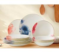 Dinner Set for 4, Premium Quality Fine China Dinner Sets, Classic Design 12 Piece Dinner Set Tableware Comes with Dinner Plates Side Plates and Pasta Bowls with Gold Banding (Dinner Set for 4)