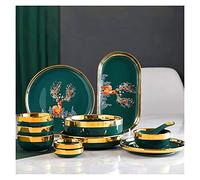 Dinner Set, Special Restaurant Dinnerware Set, 33 Pcs Dinnerware Sets, European Style Porcelain Tableware Set with Plates and Bowls, Green Auspicious Deer Ceramic Dinner Set (18pcs),18pcs