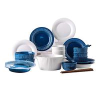 Dinner Sets,26Pcs Dinnerware Sets for 5, Ceramics Dinner Set, Tableware Set in French Style, Blue White Stripe Plates and Bowls Set, Complete Combi-Porcelain, Microwa