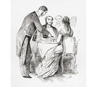Dinner time in Paris. A couple sit at a table whilst a waiter pours them a glass of wine. From Paris Herself Again published 1882. Poster Print by Ken Welsh (12 x 14)
