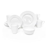 Dinnerware, 16 Piece Set Bone China, Service for 4, White Embossed stripe Dishes, Microwave Safe, Chip Resistant, Dishware, For Formal Casual and Everyday Living, Plates and Bowls Set
