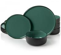 Dinnerware Set, 12 Piece Service for 4, Vase and Vessel, Ceramic 10.5” Dinner Plates, 8.2” Salad Plates and 20 oz Bowls, Stoneware, Microwave and Dishwasher Safe, Black/Jade, Somerset Collection