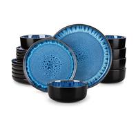 Dinnerware Set 18/24PCS Black Ceramic Plate Sets Blue Stoneware Dinner Set with 6PCS Plate/Dessert/Bowl/Soup(Blue,24 Piece for 6)