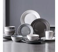 Dinnerware Set,Ceramics Dinner Sets, 24 Pieces Pearl Edge Porcelain Dinnerware Set Vintage Relief Mug Cereal Bowl and Steak Plate for Wedding Housewarming Gift