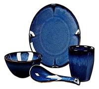 Dinnerware Set Luxury Family Dinner Service Set, 16 Pieces Retro Blue Porcelain Dinnerware Set Ceramic Bowl Plate Spoon and Cup Service for 4 People