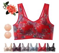 DINNIWIKL Ellebloom - Ice Silk Lace Cooling Comfort Bra, Ellebloom Bra, Miracharm Lace Buttonless Comfortable Bras for Women&Senior (Red,5XL)