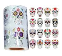 Dinntty 1000pcs Day of the Dead Sugar Skull Sticker Roll, Mexican Dia De Los Muertos Stickers for Water Bottle,Sugar Skull Stickers Decals