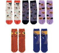 Dinntty 5pcs Halloween Fluffy Socks Warm Fleece Crew Sock with Spooky Witch Pumpkin Winter Calf Socking for Halloween Party