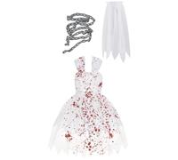 Dinntty Gothic Sleeveless Bloody Dress Set, Ghost Bride Halloween Cosplay Costume, Graveyard Bride Costume for Girls, Veil and Body Chain