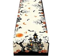 Dinntty Halloween Themed Table Runner with Bat Pumpkin Haunted House Pattern Horror Party Table Cloth for Halloween Home Decor