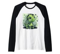 Dino Baby Cute Dinosaur as a Child Long Neck Dino in Green Raglan Baseball Tee