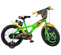 Dino Bikes Teenage Mutant Ninja Turtles - Mutant Mayhem 14 inch Unisex Children’s Bicycle with stabilisers and drinks bottle, suits child 4-7 Years, Green and Yellow
