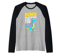 Dino First Grade Here I Come Back to School Dinosaur Raglan Baseball Tee