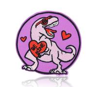 Dino Love Patch, Cute Pink T-Rex with Sunglasses Holding a Heart Embroidered Iron On and Sew On Patch for Backpack, Hoodie, Jacket or Hat, Fun Romantic Y2K Gift for Couples, Dinosaur Lovers