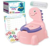 Dino Potty, Dinosaur Potty Training Set, Toilet Potty Seat for Boys & Girls with Splash Guard, Toddler, Lid & Comfortable Back Rest, Includes Free Liners & Reward Sticker Chart (Pink)