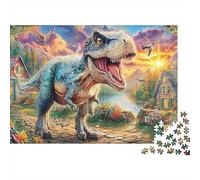 Dino Village Valentines 1000 Piece Puzzle Gift for Adults T-Rex Dinosaur Town Sunset Premium Thick Sturdy Vibrant Challenging Stress Relief 38x26cm/1000pcs