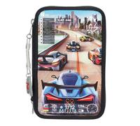 Depesche 13712 Action World Gaming - Filled 3-Compartment Pencil Case in Dark Blue with Motif of a Car Racing Game and Skyline, Pencil Case with Colouring Pencils, Scissors, Ruler and Much More