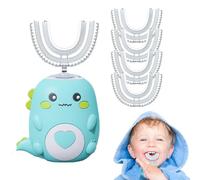 Dinobrush 360 Kids Ultrasonic Toothbrush, LulaBini DinoBrush Tooth Brush, Cartoon Design U Shaped Toothbrush, Chewable Silicone Silent Electric Tooth Brush (2-6 Age, Cyan+4 Brush Head)