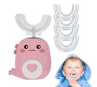 Dinobrush 360 Kids Ultrasonic Toothbrush, LulaBini DinoBrush Tooth Brush, Cartoon Design U Shaped Toothbrush, Chewable Silicone Silent Electric Tooth Brush (2-6 Age, Pink+4 Brush Head)