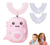 DinoDent U Shaped Ultrasonic Toothbrush with 2 Silicone Replacement Heads & 5 Modes,Dinodent Kids 360º Ultrasonic Electric Toothbrush,IPX7 Waterproof Cleans All Teeth at Once in Just 60S (Pink/2-6)