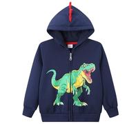 Dinopjs Boys Hoodie, Dinosaur Long Sleeve Fleece Hooded, Casual Cotton Sweatshirts Tops, Dino Tyrannosaurus Rex Shirts Zipper Hoodies, Warm Coats Clothes for Kids, Dark Blue