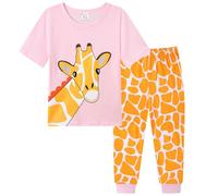 Dinopjs Girls' Pyjamas Set Cartoon Giraffe Cotton Short Sleeve+Long Pants 2 Piece Pjs Girl sleep clothes Outfit Pajama Children Sleep Wear Spring, Summer, Autumn Clothes for Kids, Pink
