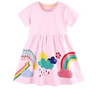 Dinopjs Little Girls Summer Princess Dress Cotton Four-Leaf Clover Skirt Rainbow Cloud Dresses Girl's Short Sleeve Shirt Tops for Kids 2-7 Years, Pink
